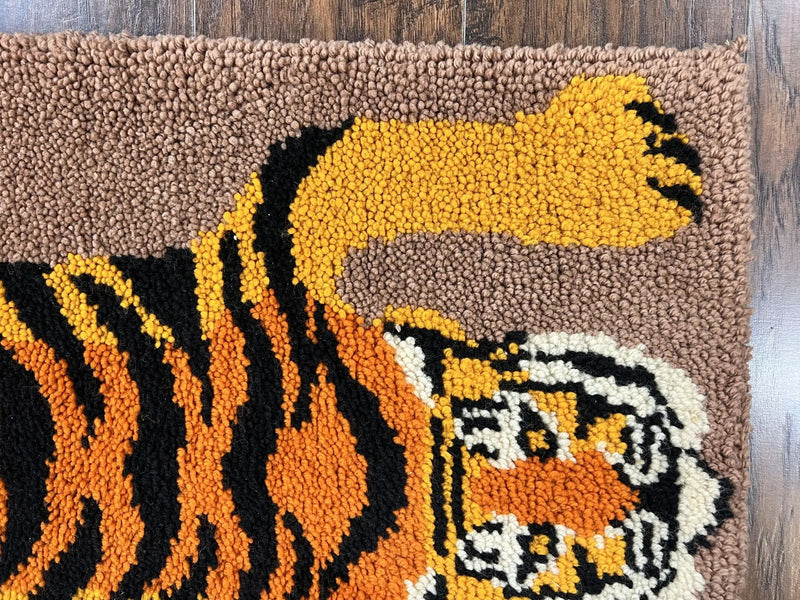 Small Hooked Rug 2x3, Tibetan Tiger Design, Wool, Unique Hooked Rug, Vintage by Jewel Rugs