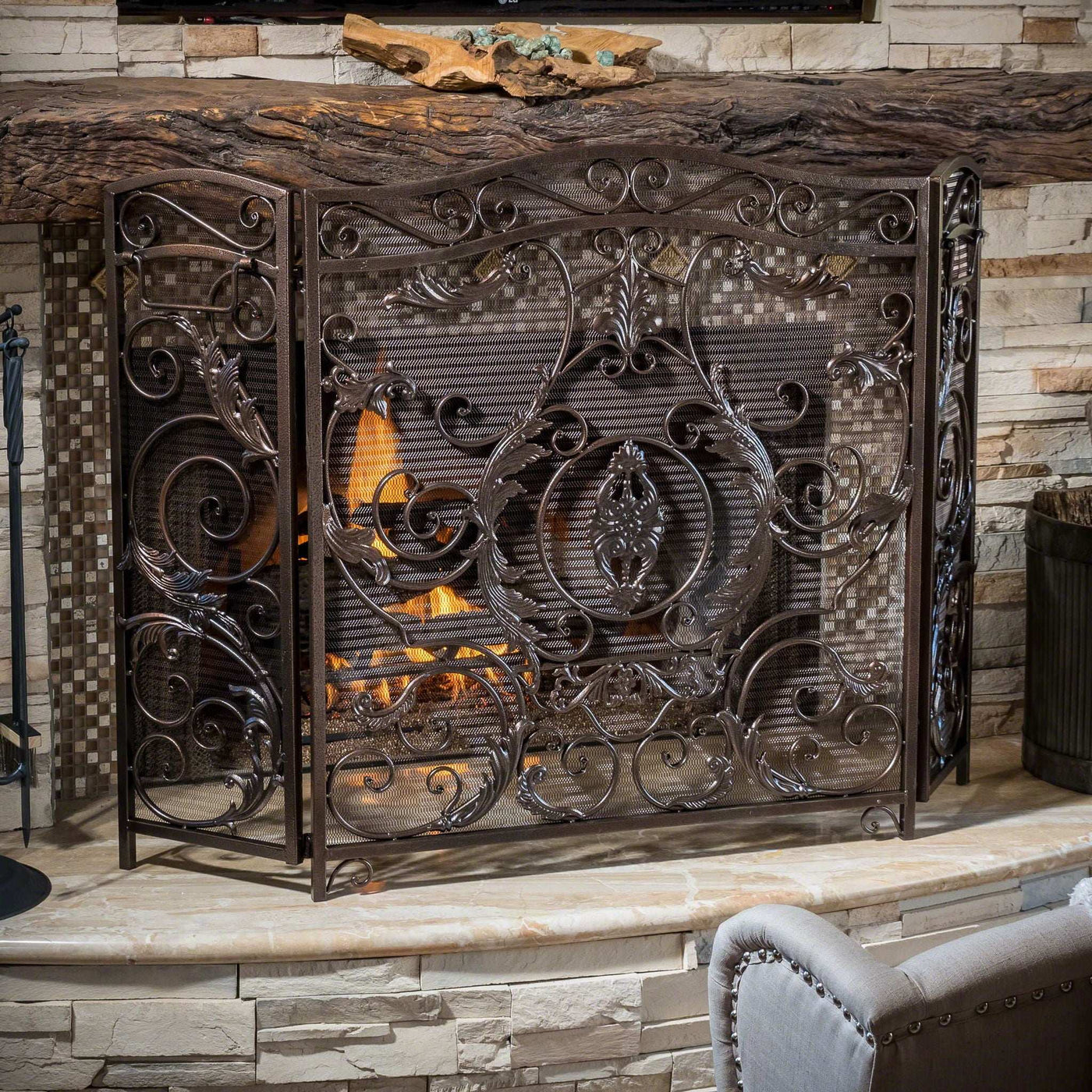 Mariella Traditional Floral Iron Fireplace Screen with Ornate Design by HouseOfZazla
