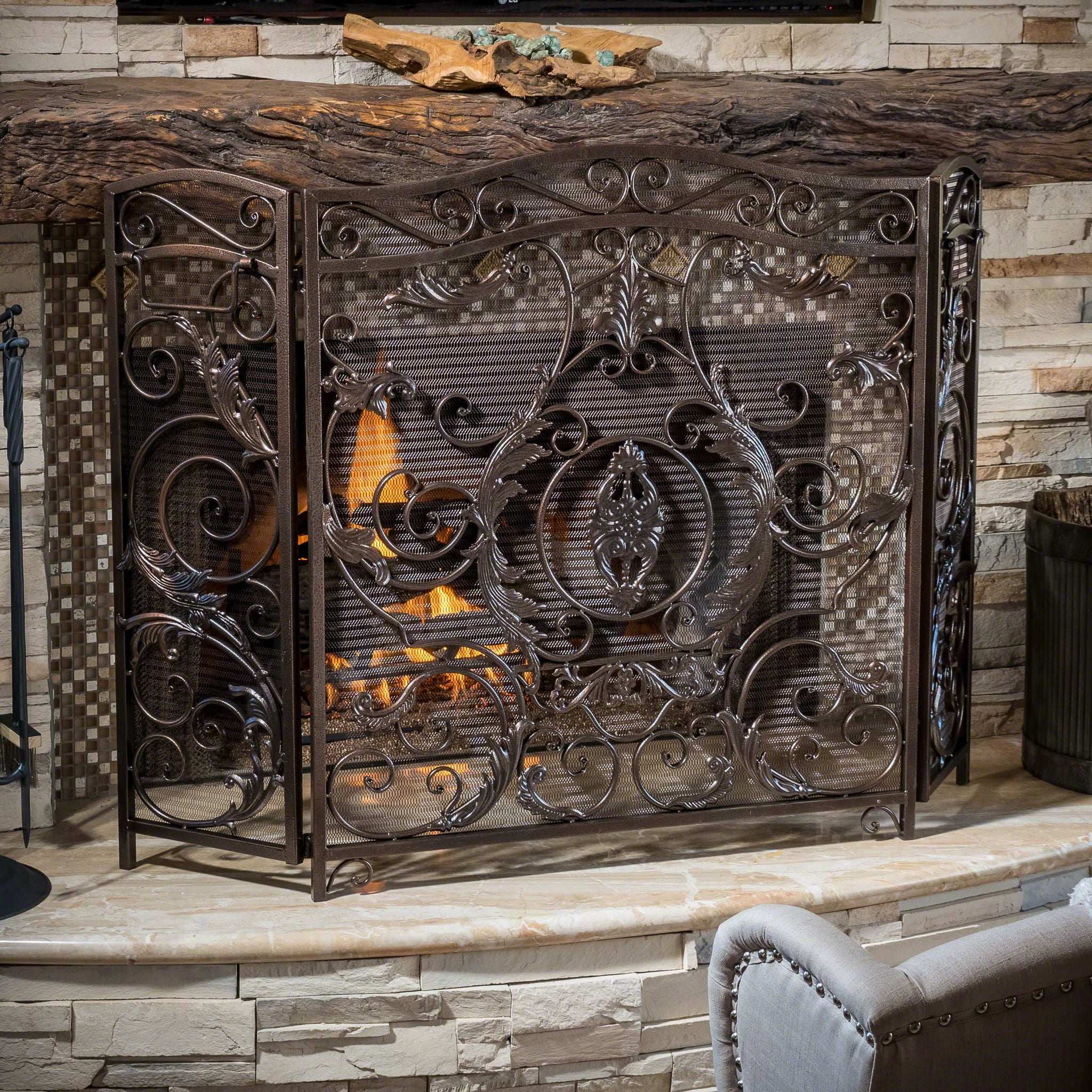 Mariella Traditional Floral Iron Fireplace Screen with Ornate Design by HouseOfZazla