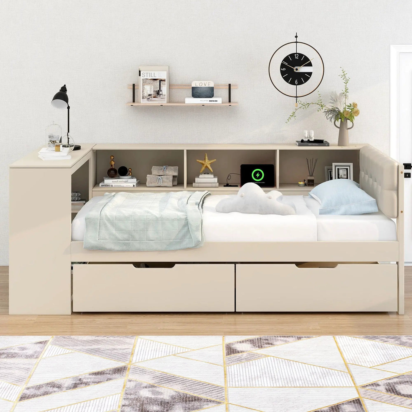 Upholstered Headboard Platform Bed With Storage Shelves, Drawers, Charging Station by HouseOfZazla