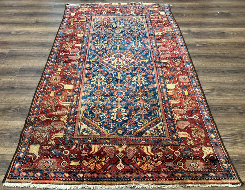 Antique Persian Rug 4x7, Blue and Red Malayer Carpet, Rare by Jewel Rugs