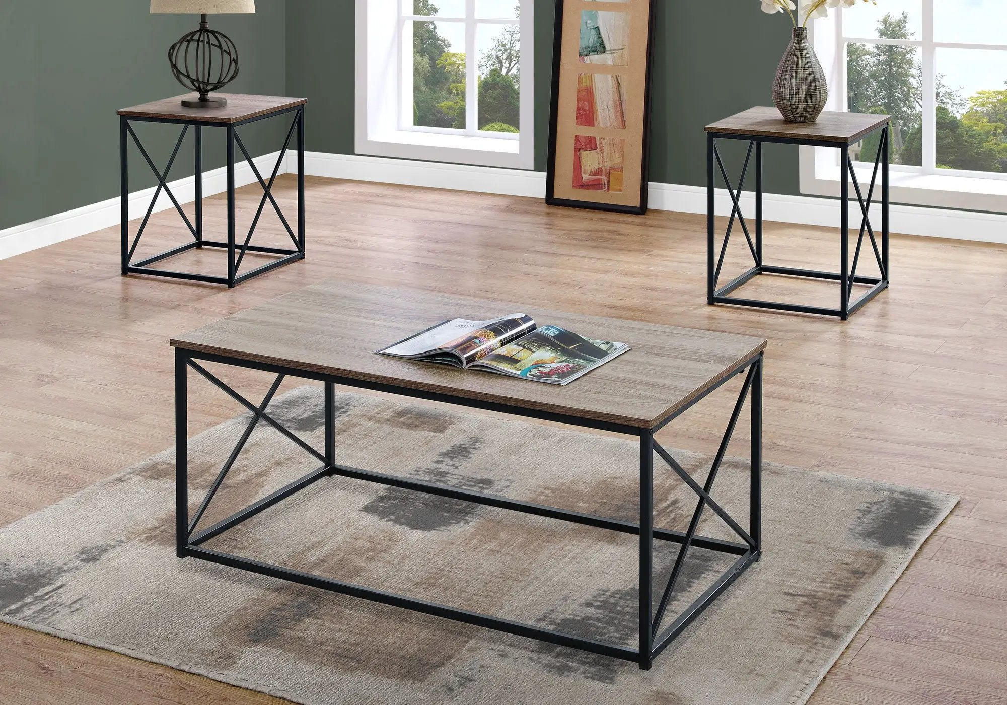 3 Pieces Table Set, Coffee, End, Side, Accent - Brown / Black by HouseOfZazla