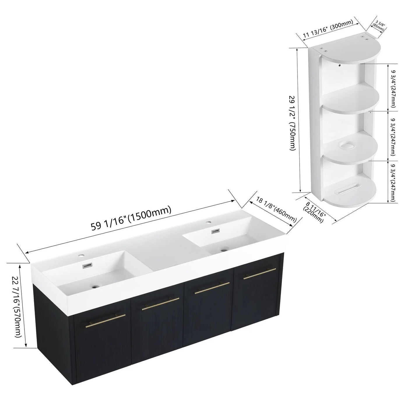 Modern Wall Mounted Bathroom Vanity With Resin Sink and Storage Rack by HouseOfZazla