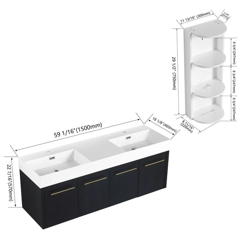 Modern Wall Mounted Bathroom Vanity With Resin Sink and Storage Rack by HouseOfZazla