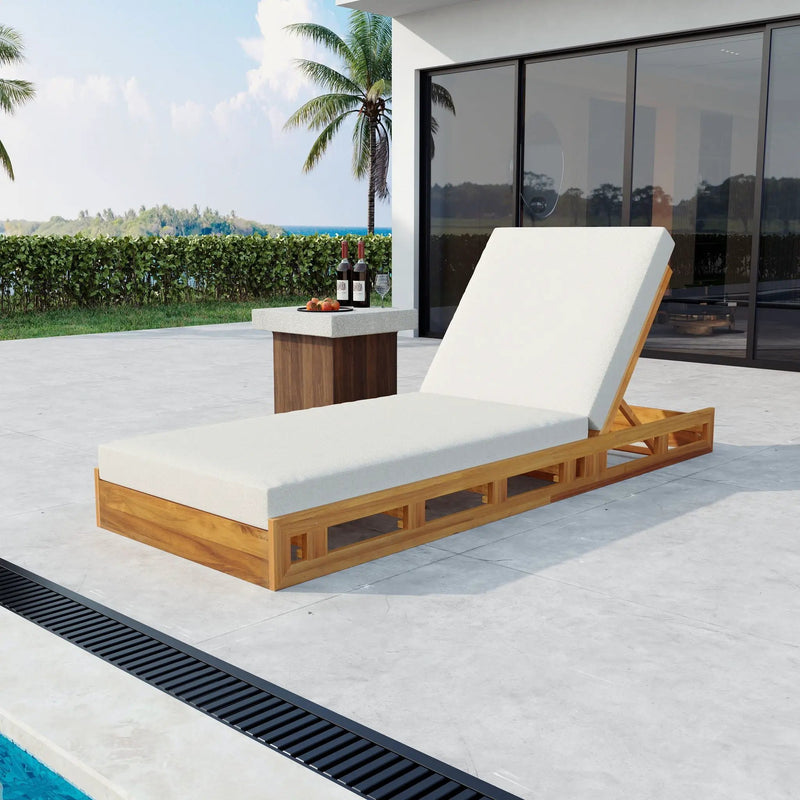 Premium Acacia Wood Lounge Chaise Set With Water Resistant Cushions, Adjustable Recline - Cream / Teak by HouseOfZazla