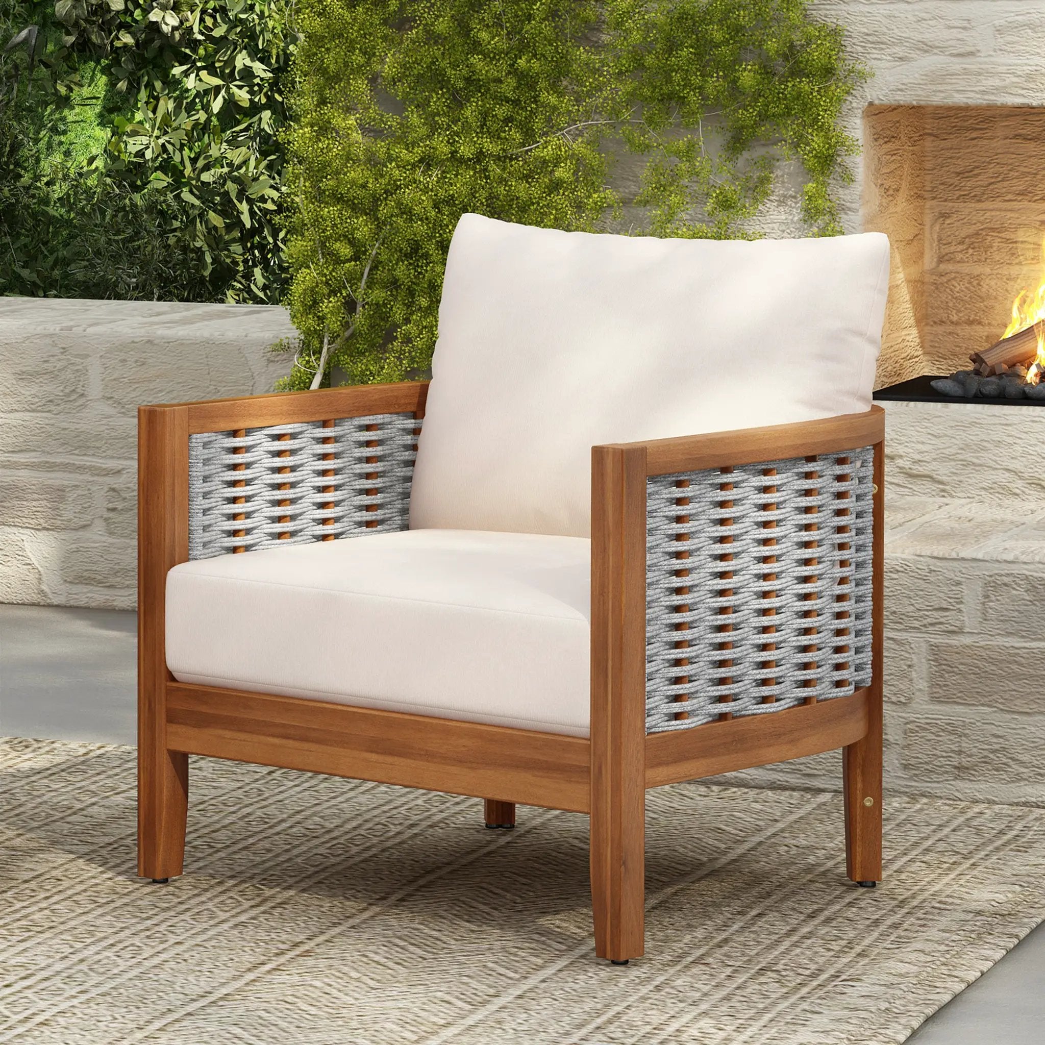 Outdoor Tub Design Armchair with Woven Rope and Acacia Wood by HouseOfZazla