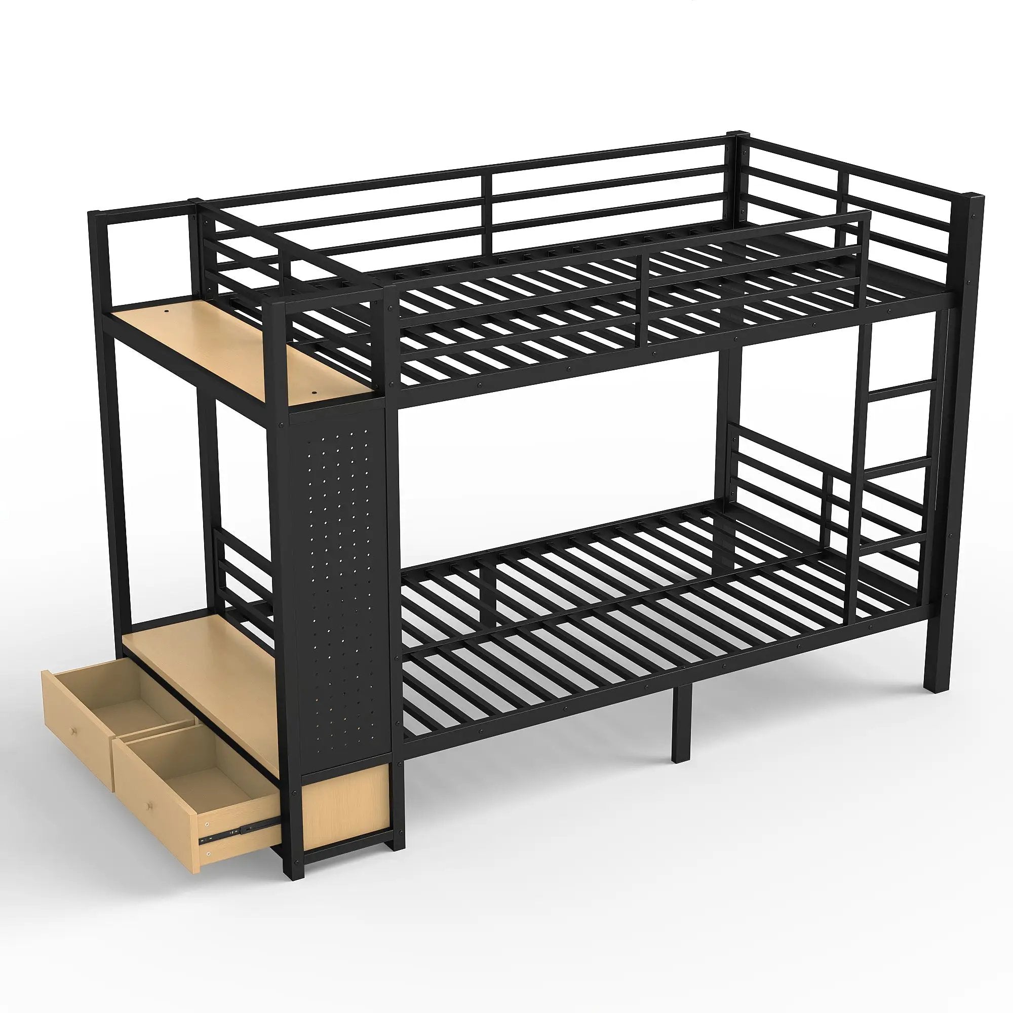 Twin XL Over Twin XL Metal Bunk Bed with Storage Shelves by HouseOfZazla