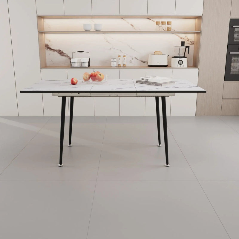 Modern Industrial Expandable Dining Table 47" To With Marble Pattern Top And Metal Legs - White by Unique Piece Furniture