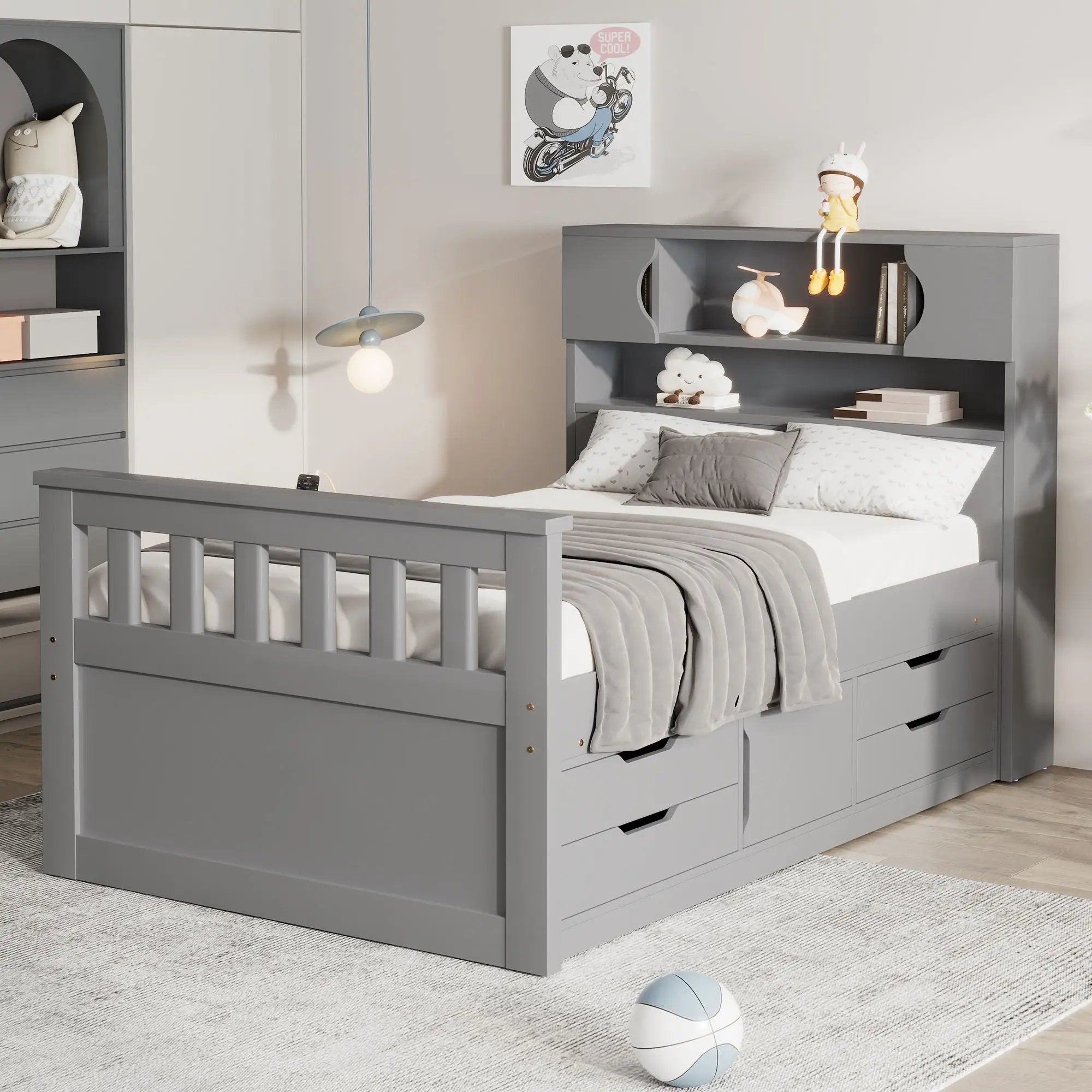 Captain Platform Bed Frame With Storage Bookcases, Shelves, And 4 Drawers by Unique Piece Furniture
