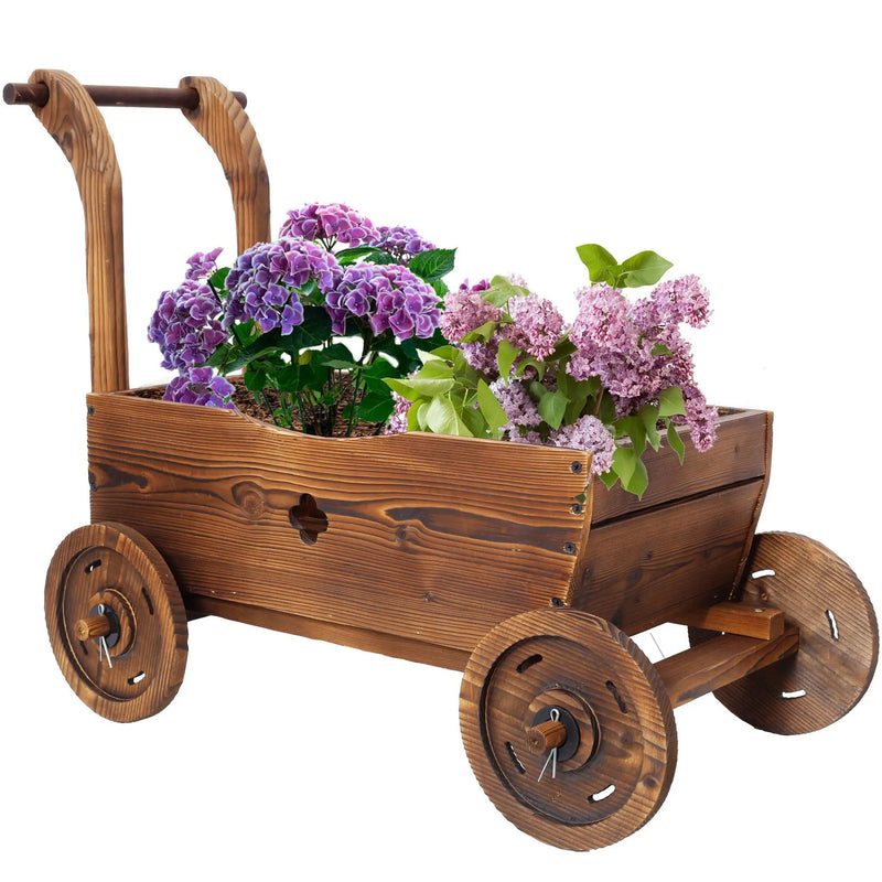 Wooden Wagon Planter Box Mobile Garden Planter With Wheels Handle Drain Hole Wood - Brown by Unique Piece Furniture
