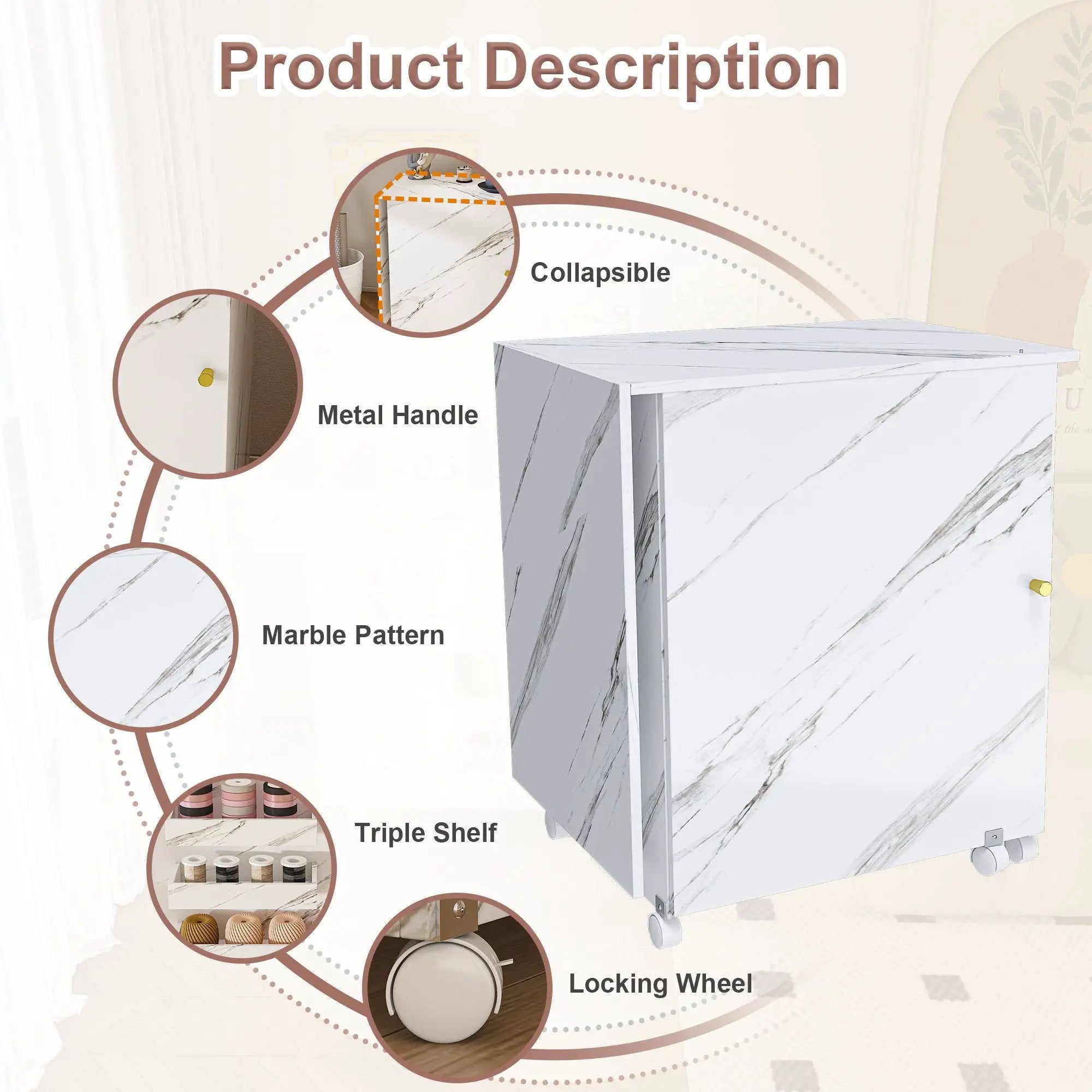 4 In 1 Folding Sewing Table With Lockable Wheels, Multi Functional Craft Station - White