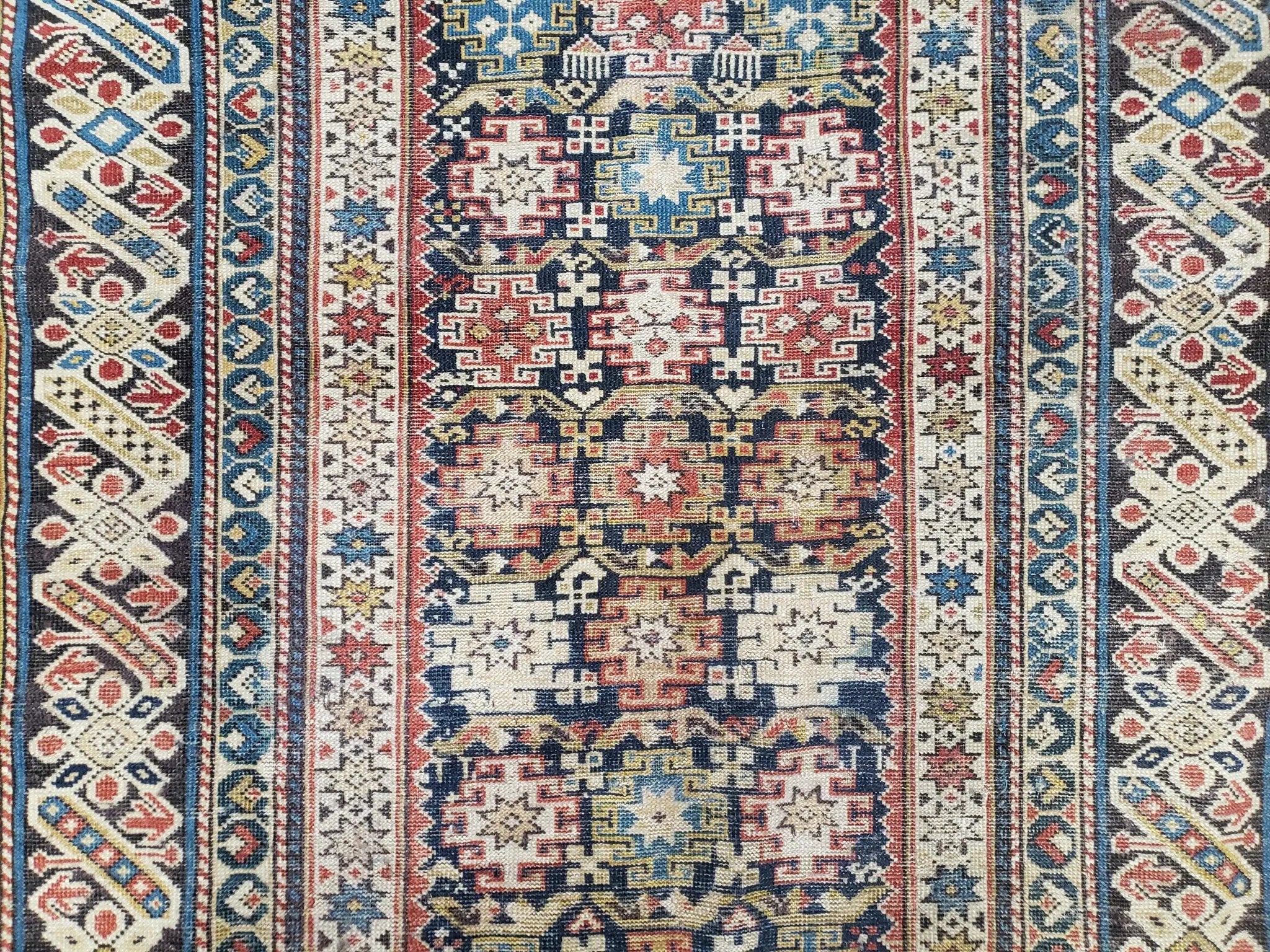 Caucasian Rug 3'9" x 5'7", Antique 1920s Collectible Caucasian Chi Chi Carpet, Hand Knotted, Colorful, Dark Blue Cream Red, Wool, Small Rug by Jewel Rugs