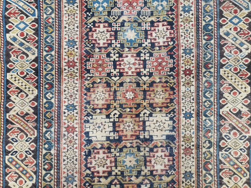 Caucasian Rug 3'9" x 5'7", Antique 1920s Collectible Caucasian Chi Chi Carpet, Hand Knotted, Colorful, Dark Blue Cream Red, Wool, Small Rug by Jewel Rugs