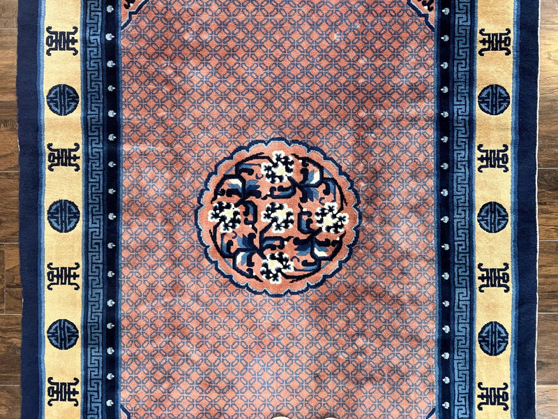 Chinese Peking Rug 5x8, Vintage Semi Antique Chinese Art Deco Carpet, Wool Pile Light Red/Salmon Gold Navy Blue, Handmade Asian Oriental Rug by Jewel Rugs