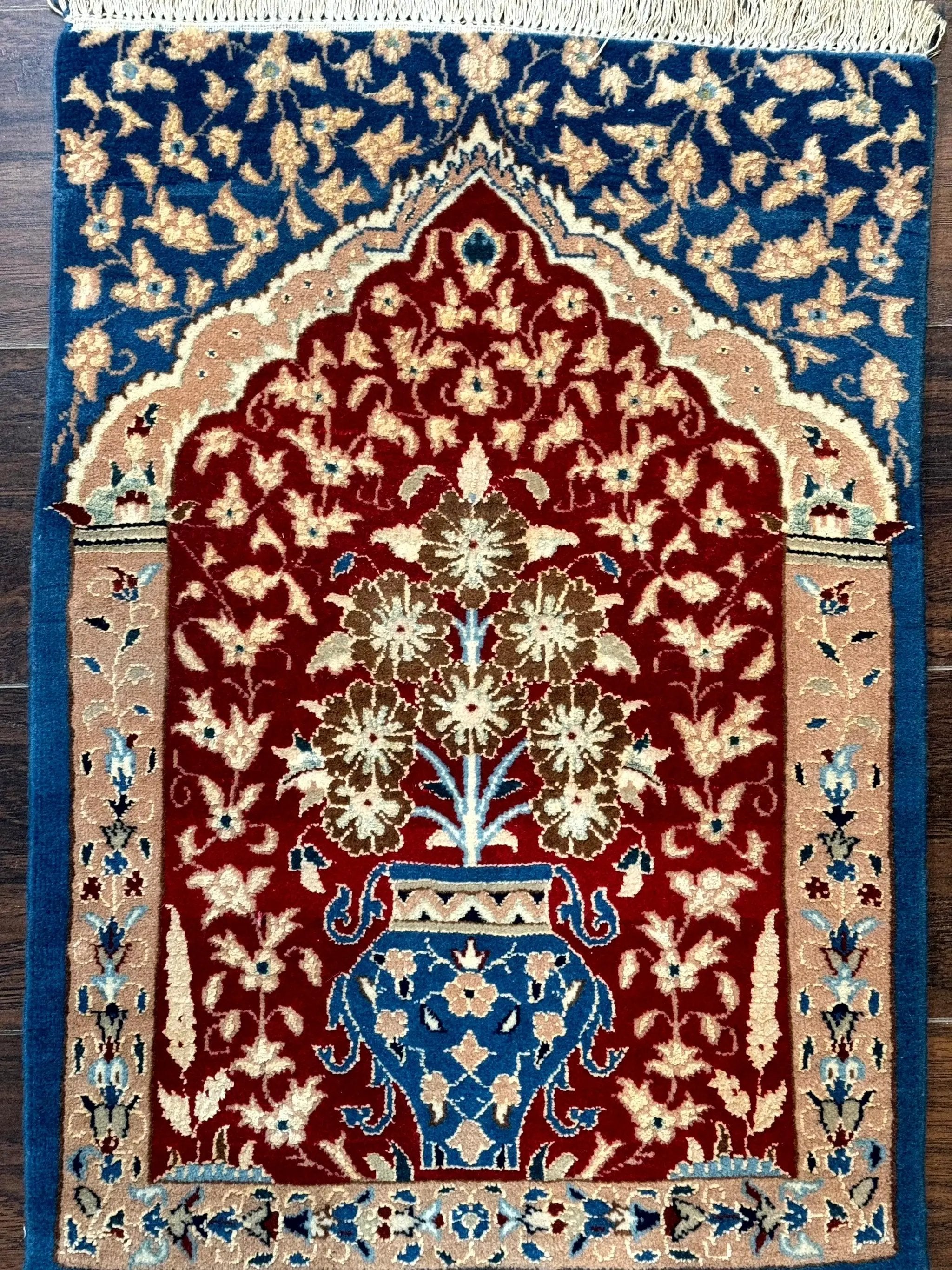 Small Persian Nain Rug, Persian Vase Tree of Life Design, Red and Blue, Very Fine 260 KPSI, Wool and Silk Highlights by Jewel Rugs