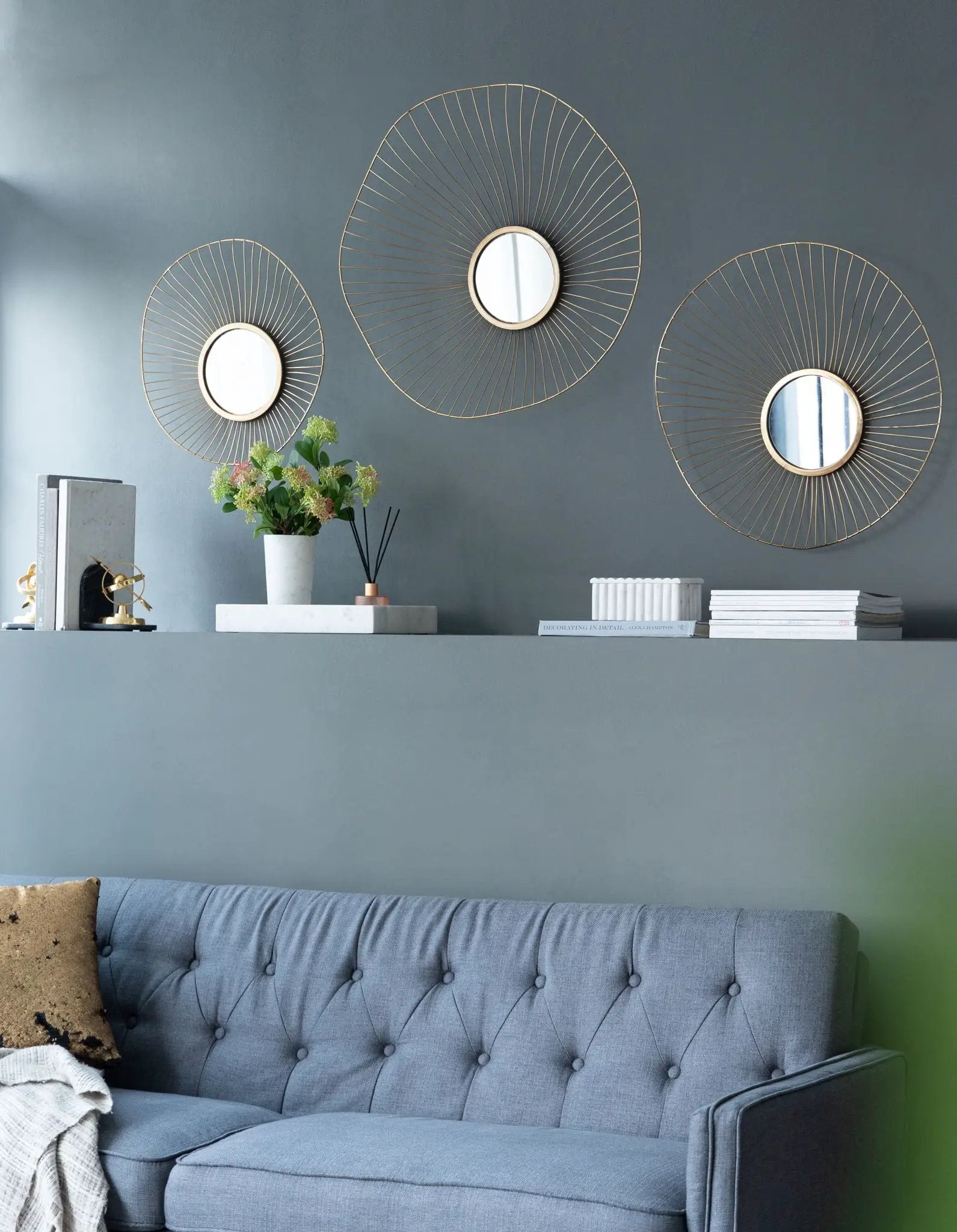 Wall Mirror Abstract Designed Wall Mirrors WithFrame For Home & Office, Top Of Sideboard (Set of 3) - Gold by HouseOfZazla