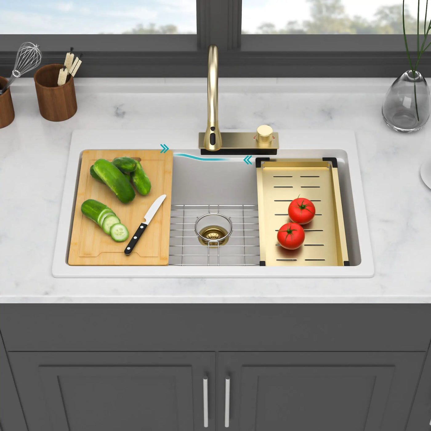 Waterfall Kitchen Sink With Pull Out Faucet & Cup Washer by HouseOfZazla