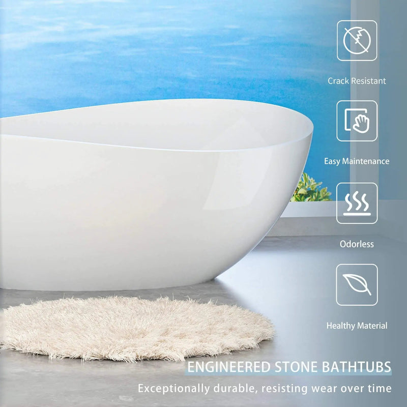 Nuvia 63-Inch Freestanding Glossy White Stone Resin Bathtub With Overflow And Drain (SAK42613) by SAKSBY WHOLESALE