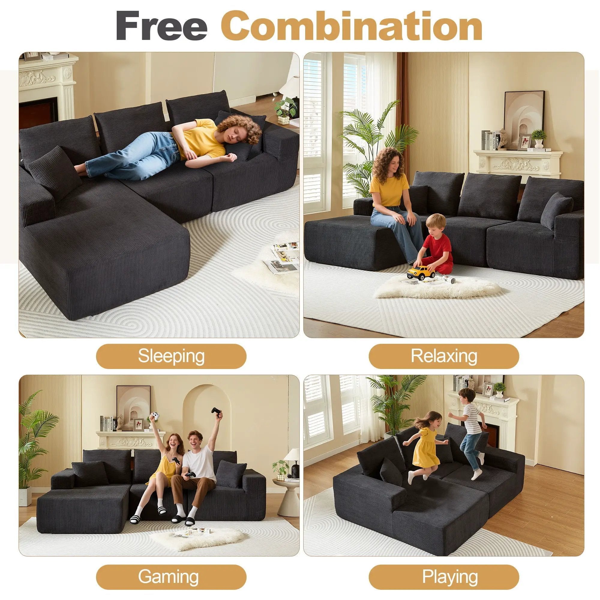 Modular Sectional Sofa With Chaise, L Shaped Cloud Couch With Deep Seat, Sectional Couches For Living Room - Black by Unique Piece Furniture