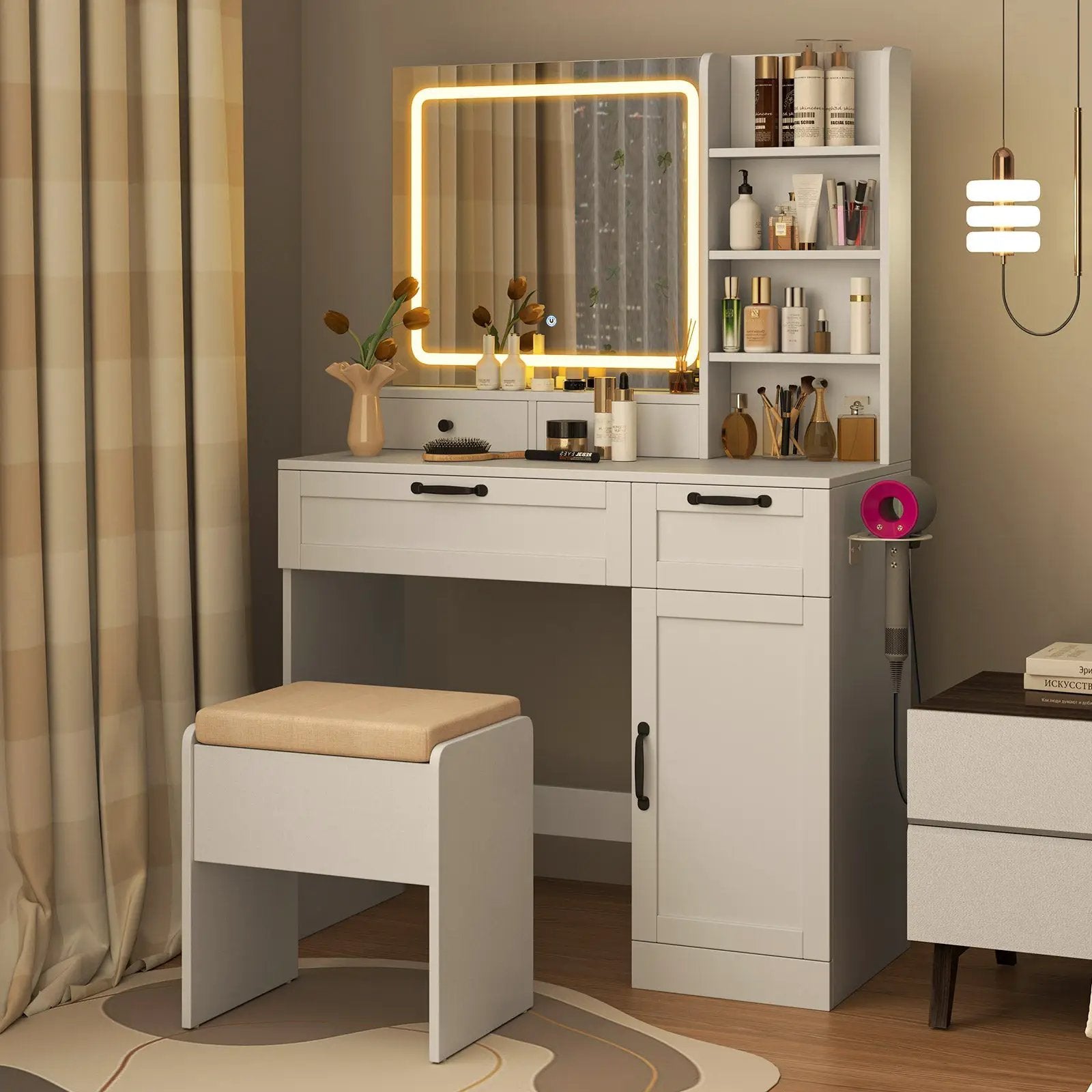 Vanity Set with Mirror and 3 Lighting Modes and Adjustable Brightness-White by DirectDeals