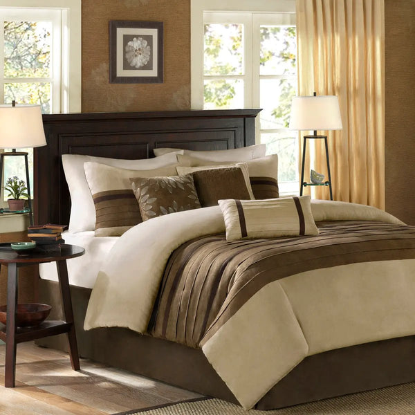 7 Pc Pieced Faux Suede Comforter Set Natural Cal King