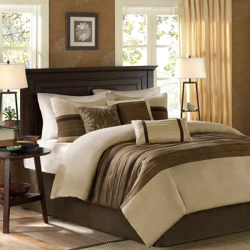7 Pc Pieced Faux Suede Comforter Set Natural Cal King by HouseOfZazla