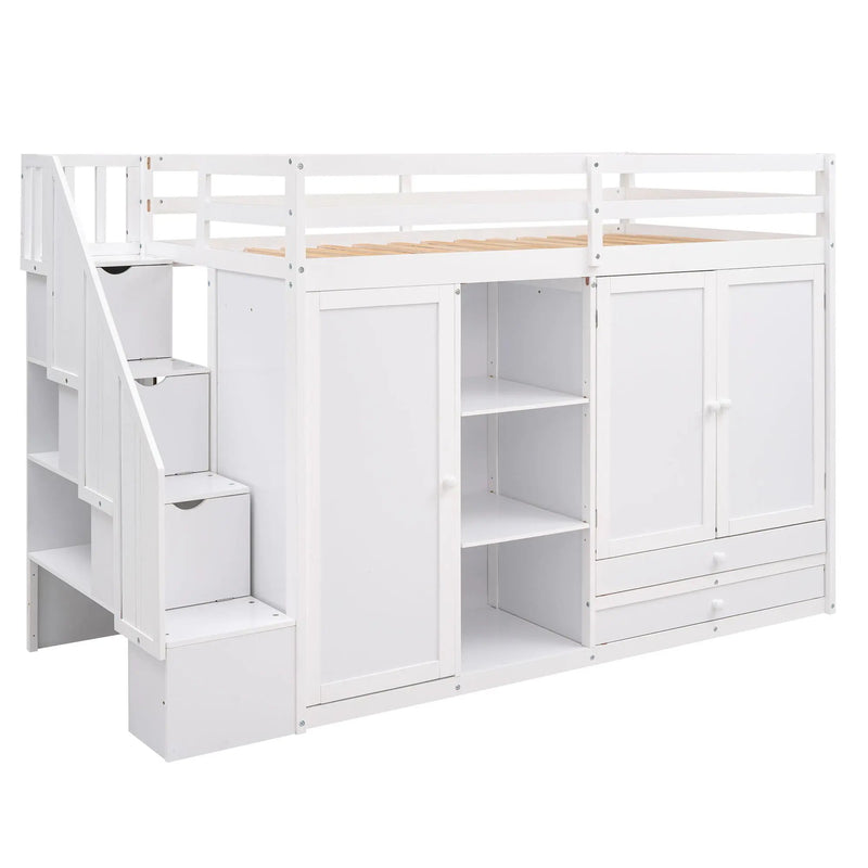 Loft Bed With 3 Shelves, 2 Wardrobes, 2 Drawers, Ladder Storage by Unique Piece Furniture