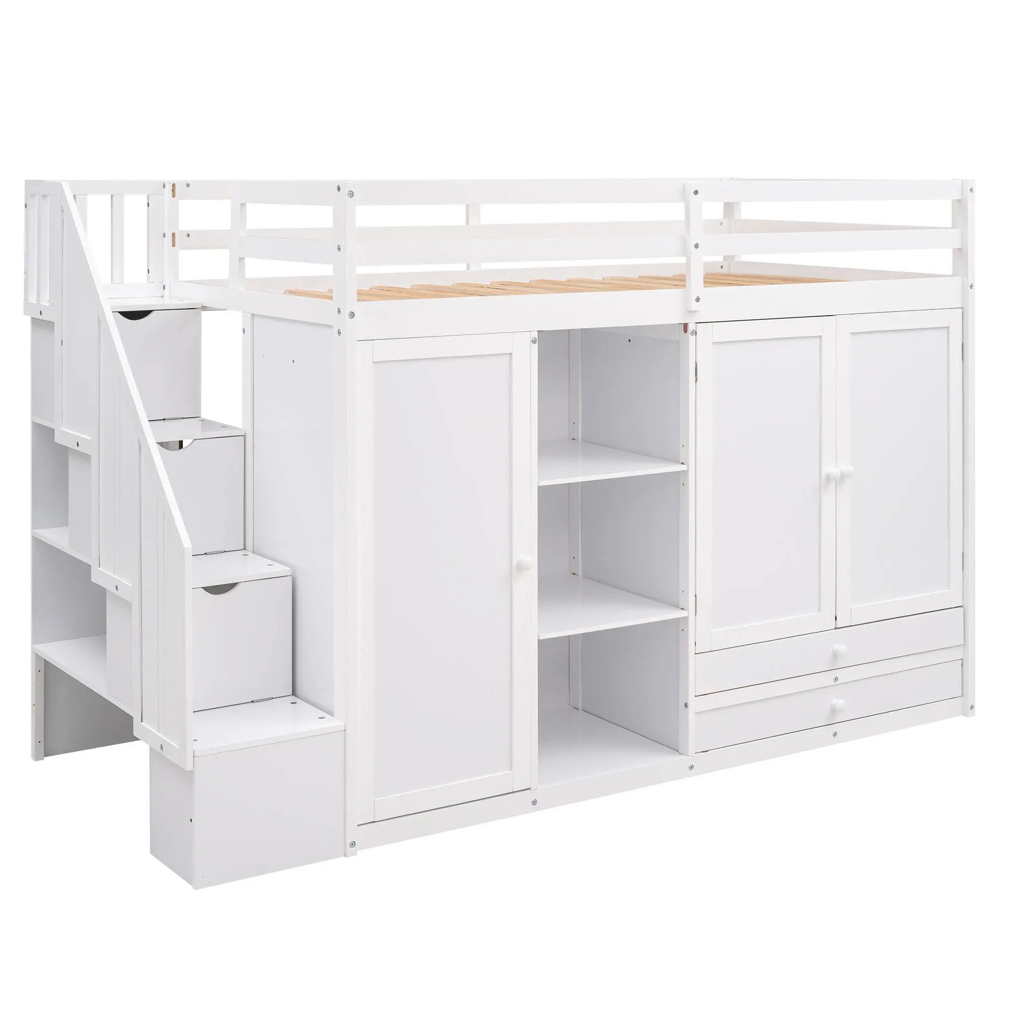 Loft Bed With 3 Shelves, 2 Wardrobes, 2 Drawers, Ladder Storage