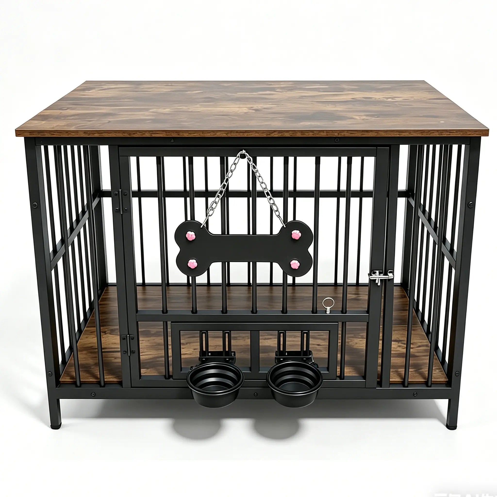 Vintage Wood Grain Dog Cage with Rotating Bowl by HouseOfZazla