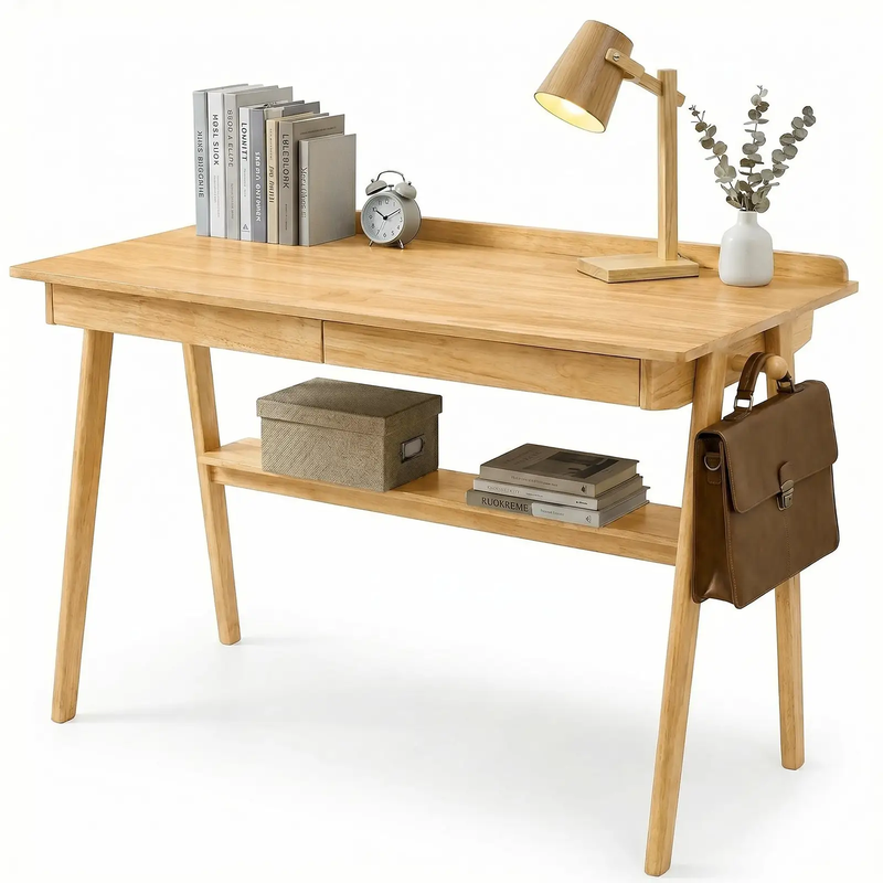 Solid Wood Writing Desk with 2 Drawers & Storage Shelf by HouseOfZazla