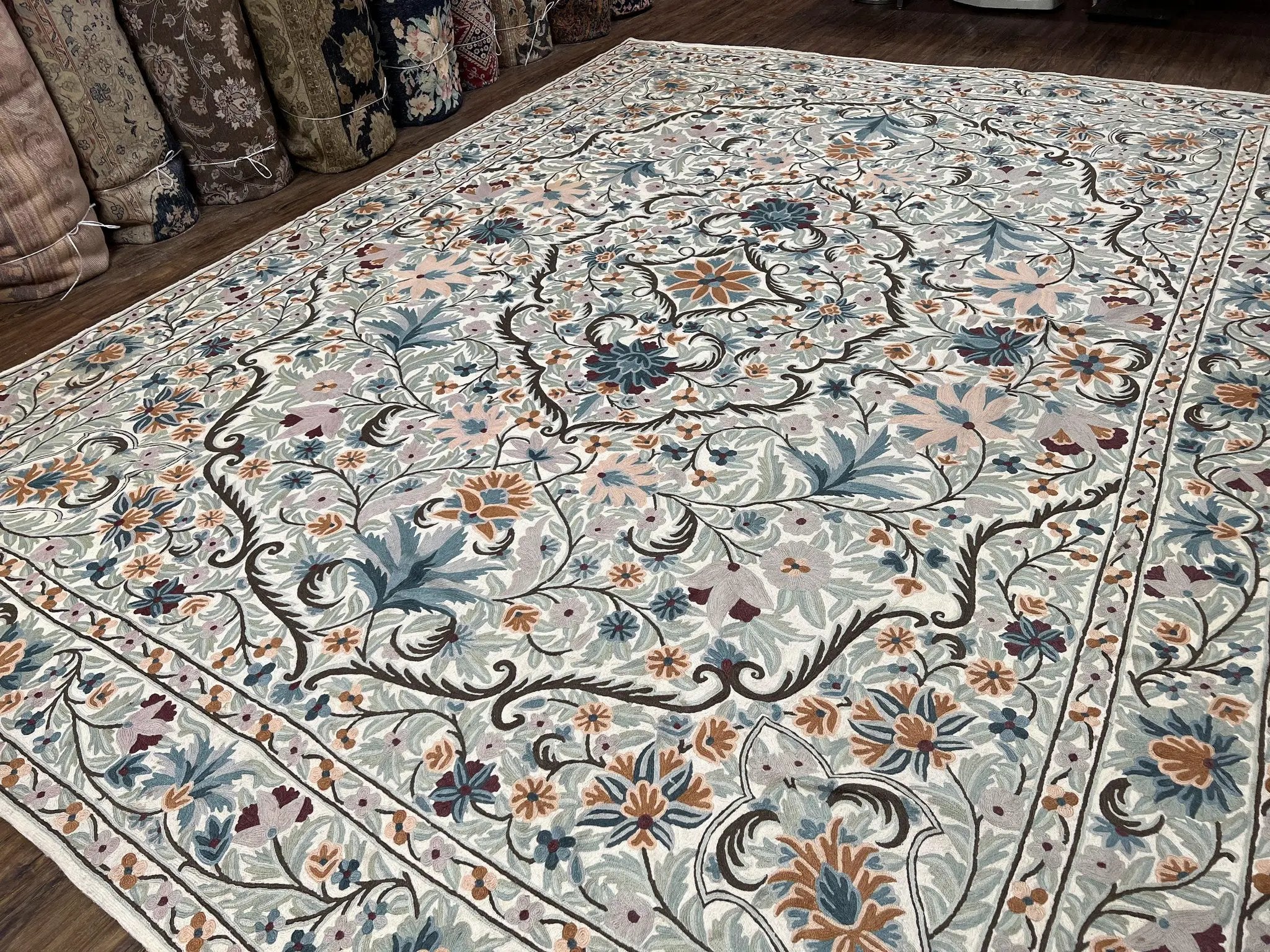 Chain Stitched Rug 9x12 Vintage Carpet 9 x 12 Flatweave Rug, Ivory Teal Rug, Area Rug 9 by 12, Hand Stitched Rug, Medallion, Indian Rug by Jewel Rugs