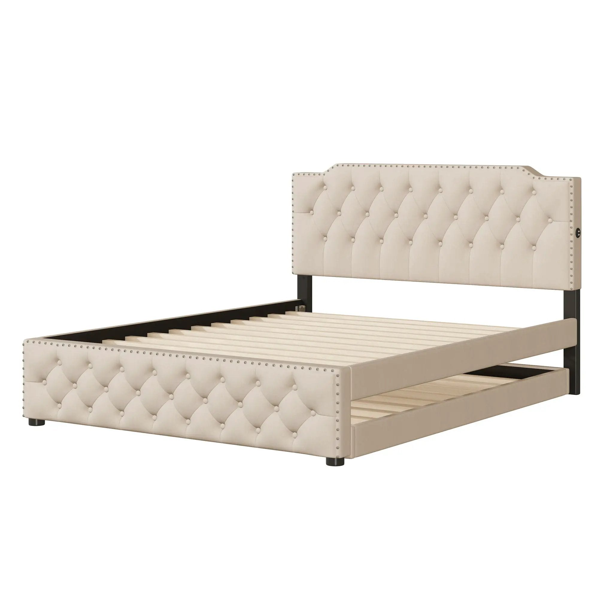 Upholstered Platform Bed With Trundle And 2 Sets Of USB Ports On Each Side, Fabric by HouseOfZazla