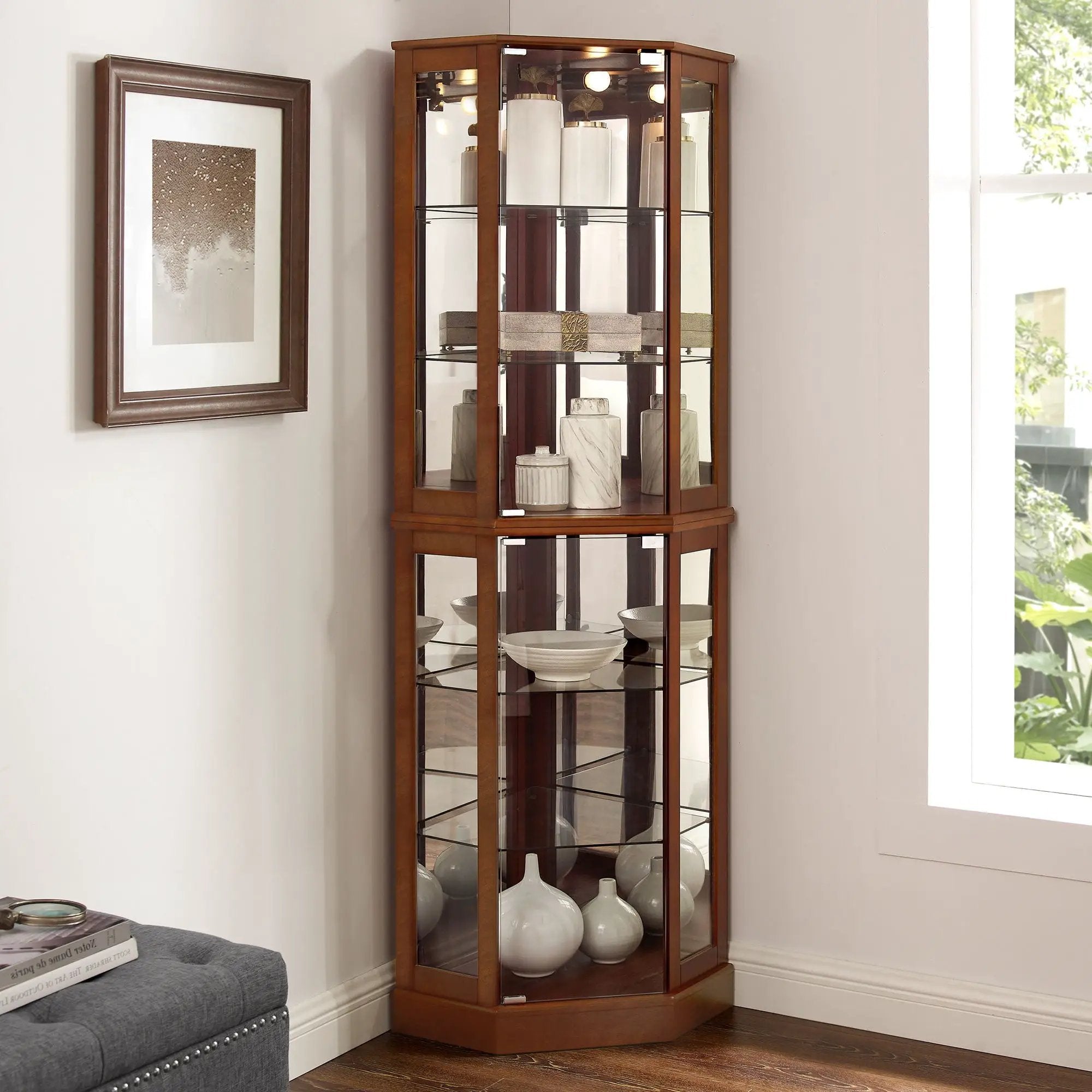 6 Shelf Corner Curio Display Cabinet With Lights, Mirrors And Adjustable Shelves (E26 Light Bulb Not Included) by Unique Piece Furniture