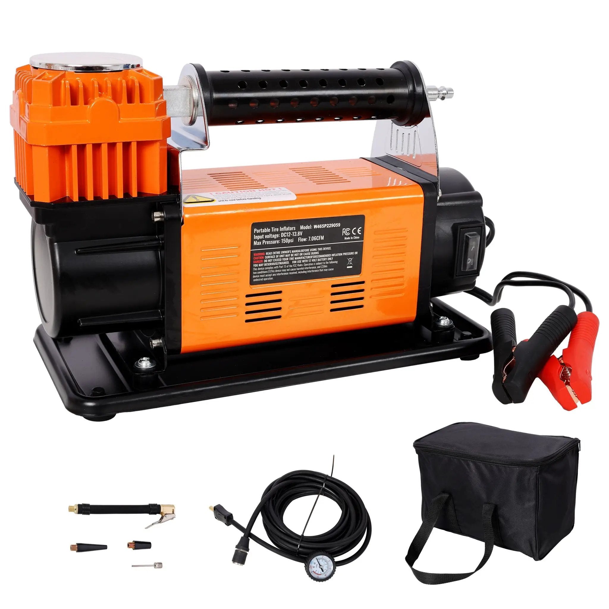 Heavy Duty 12V Air Compressor, Tire Inflator With Pressure Gauge, Compact Size - Black / Orange by HouseOfZazla