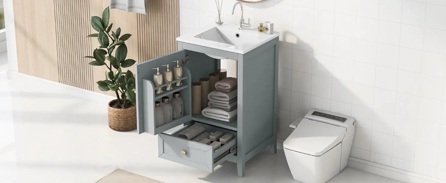 20" Bathroom Vanity with Sink, Storage Rack, and Soft Closing Door - Grey by HouseOfZazla