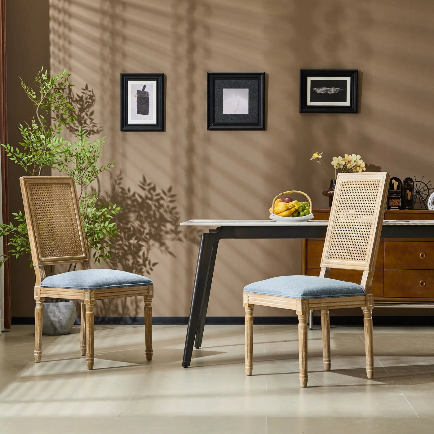 French Country Dining Chair With Rectangular Cane Backrest And Smooth Upholstered Seating by HouseOfZazla