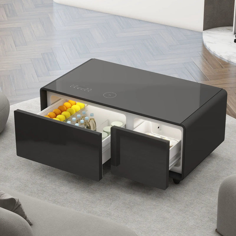 Modern Smart Coffee Table With Built-In Fridge - tooth Speaker, Wireless Charging, Touch Control Panel, USB Interface, Outlet Protection, Atmosphere Light by Unique Piece Furniture