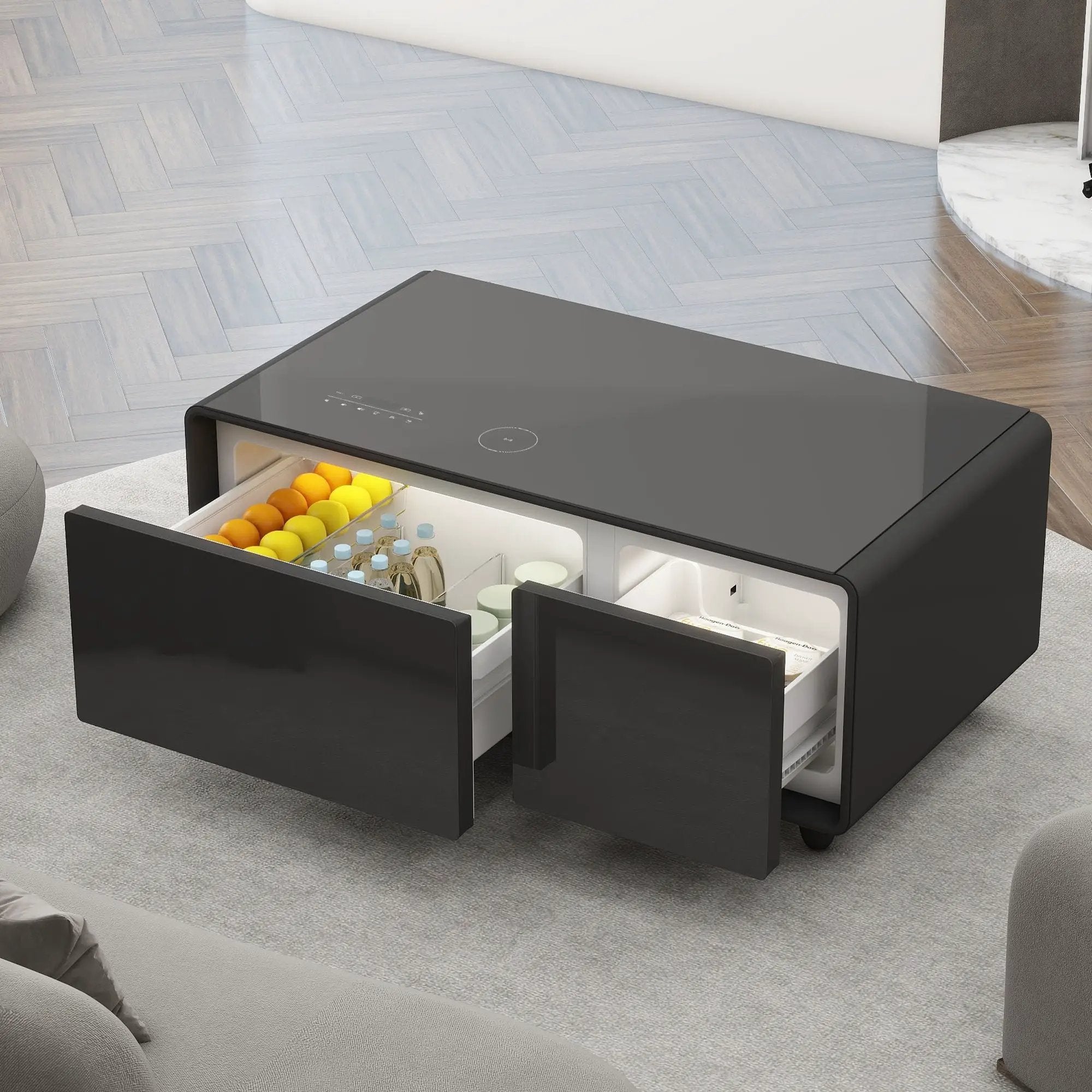 Modern Smart Coffee Table With Built-In Fridge - tooth Speaker, Wireless Charging, Touch Control Panel, USB Interface, Outlet Protection, Atmosphere Light by HouseOfZazla