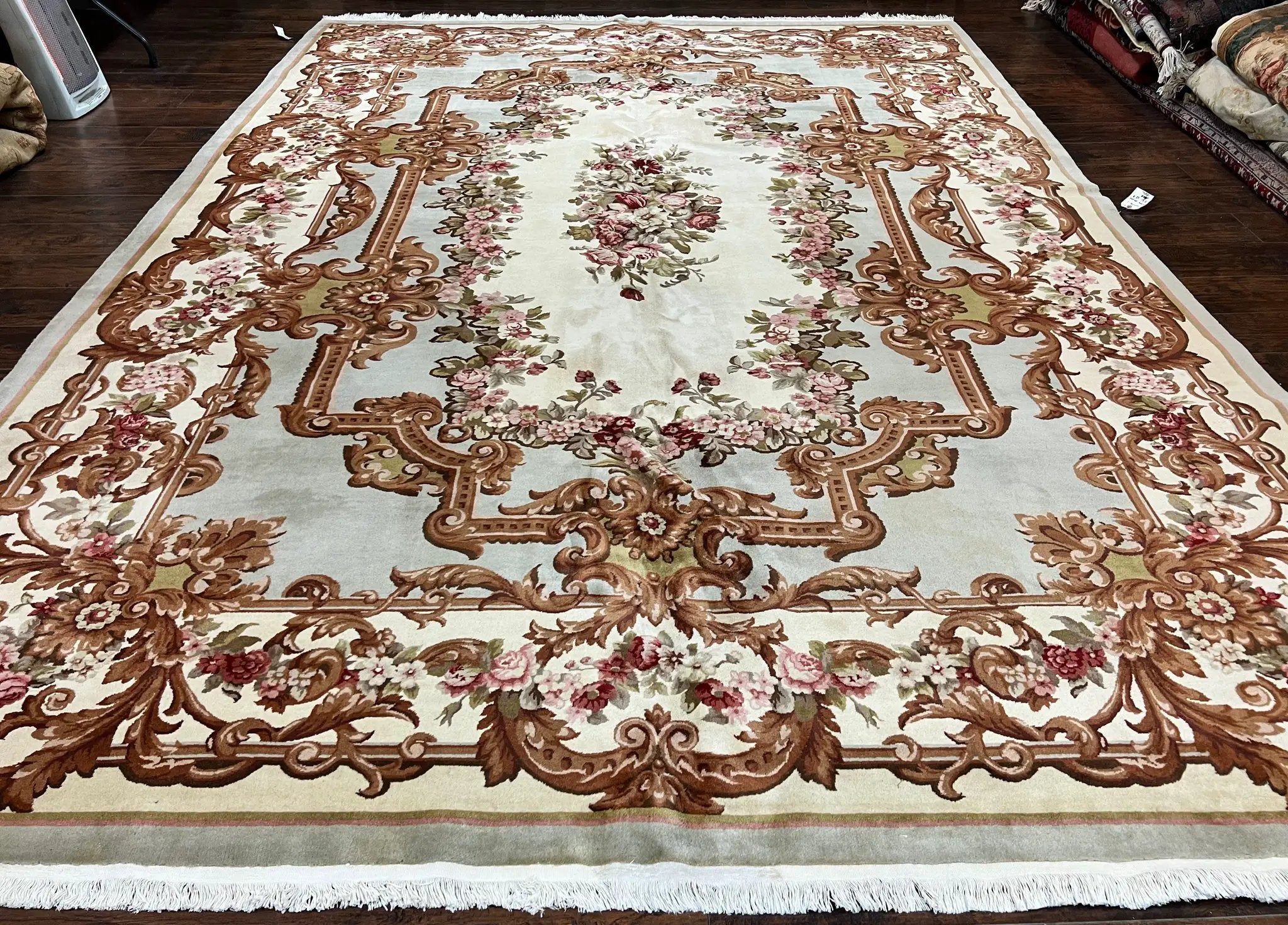 Aubusson Rug 10x13, Cream and Light Mint Green Hand Knotted Handmade French Savonnerie European Carpet, Wool Pile, Large Room Sized Vintage by Jewel Rugs