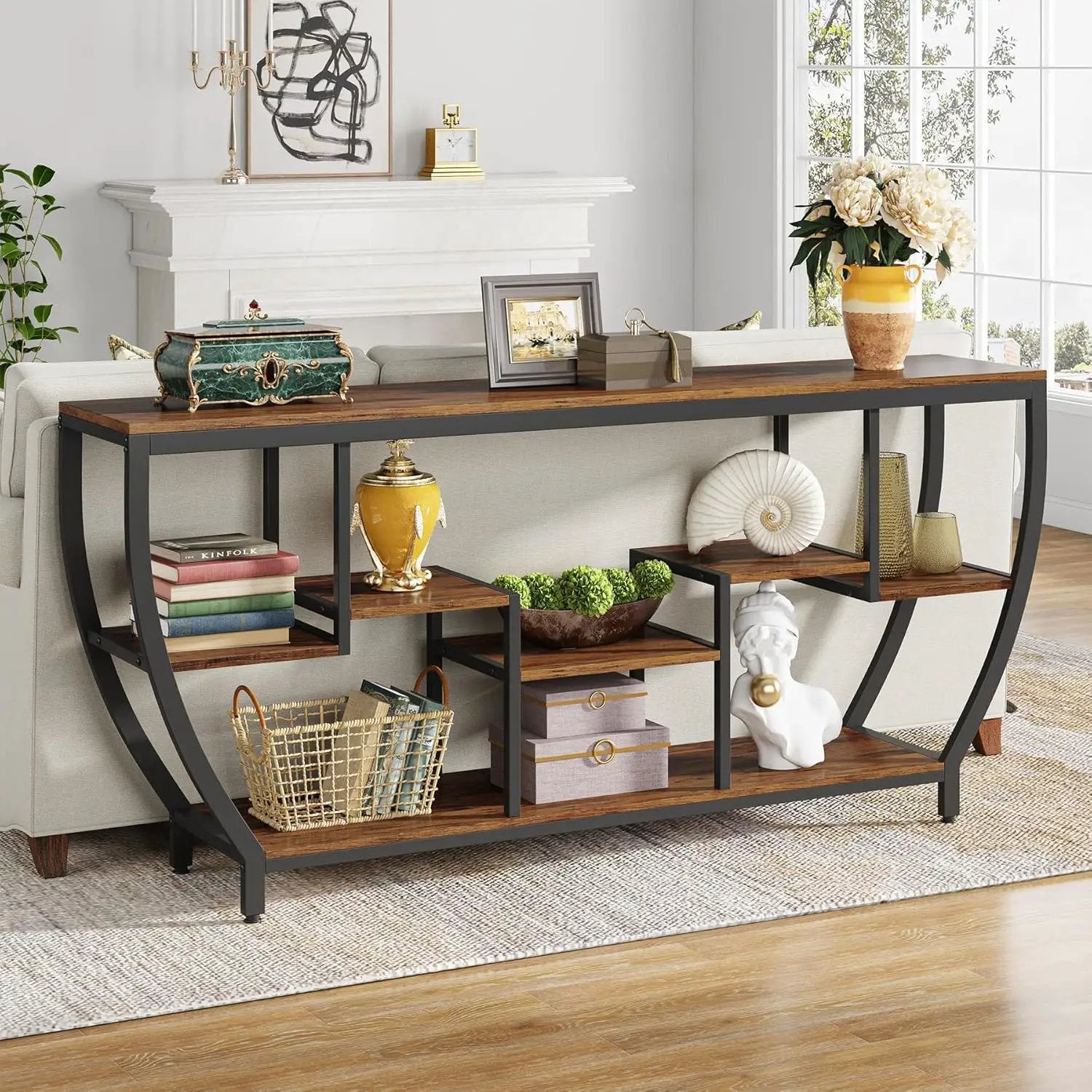 Extra Long Entryway Console Sofa Table With 7 Tier Shelves - Brown / Black by HouseOfZazla
