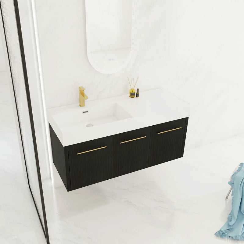 Contemporary 48" Wall Mounted Bathroom Vanity With Resin Sink And Soft Closing Doors And Line - Black Chestnut by Unique Piece Furniture