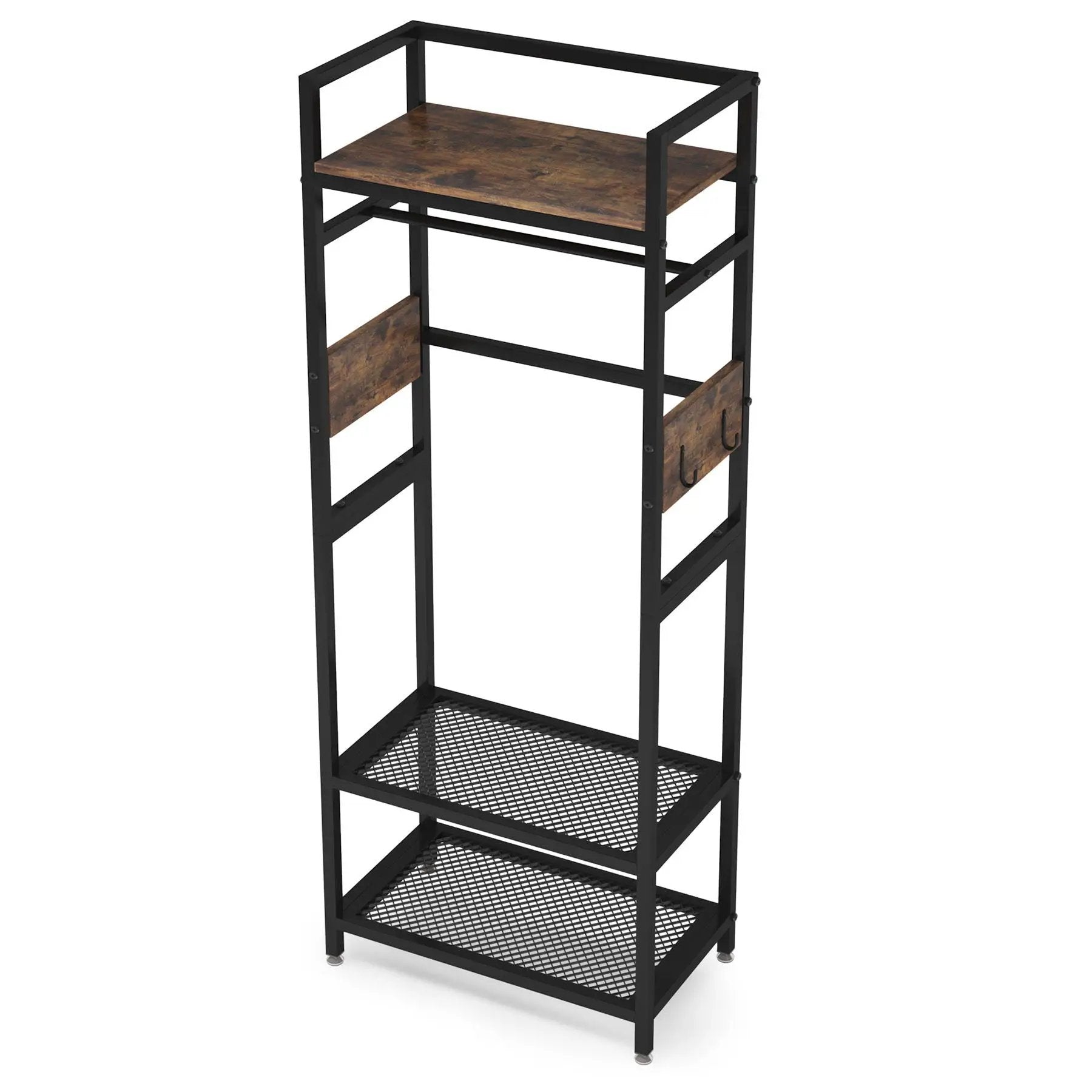 Rack With Hanging Rod, 4 Hooks, Heavy Duty Freestanding Closet Organizer - Brown / Black by HouseOfZazla