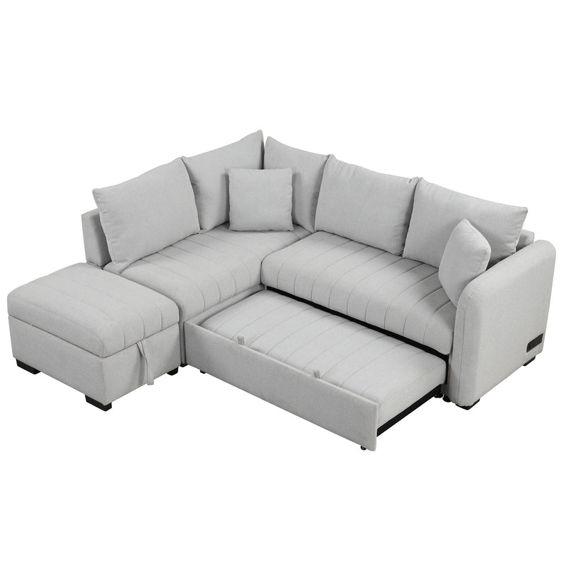 L-Shaped Sectional Pull Out Sofa Bed Sleeper Sofa With Two USB Ports, Two Power Sockets And A Movable Storage Ottoman by HouseOfZazla