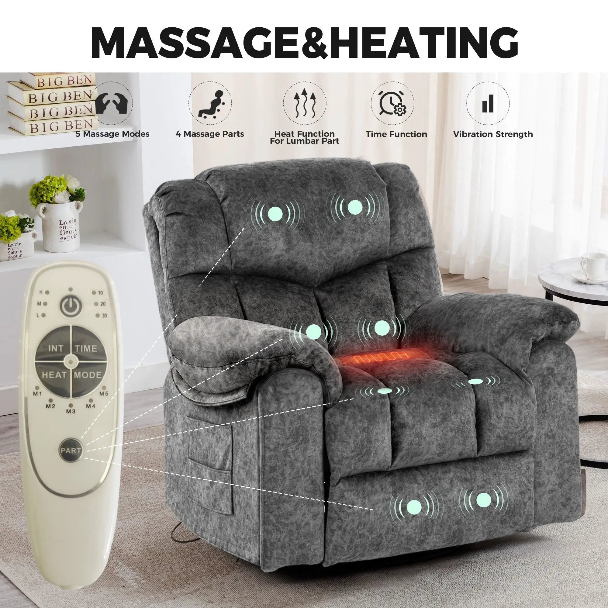 Swivel And Rocking Recliner Chair With Massage And Heating by Unique Piece Furniture