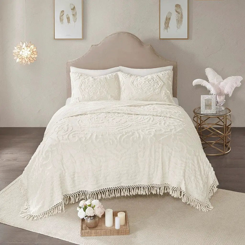 Tufted Cotton Chenille Medallion Fringe Coverlet Mini Set - Off-White by HouseOfZazla