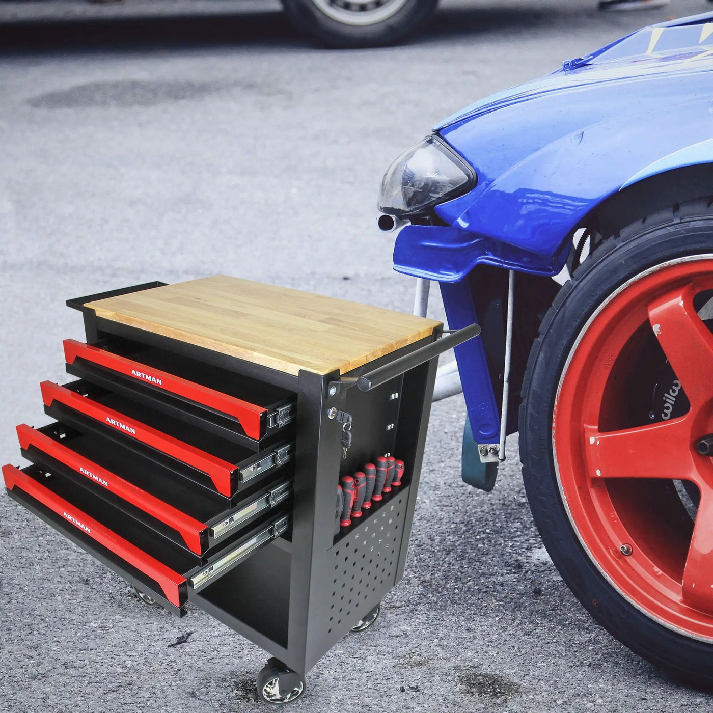 4 Drawers Multifunctional Tool Cart With Wheels And Wooden Top by HouseOfZazla