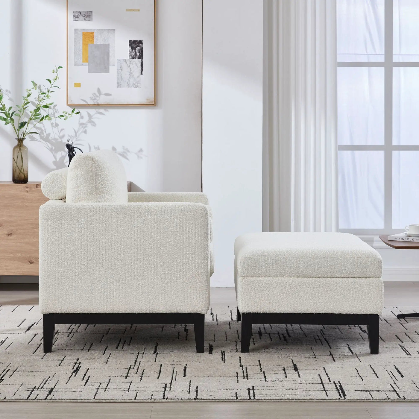 Farmhouse Upholstered Accent Chair With Ottoman, Reversible Lid Coffee Table by Unique Piece Furniture