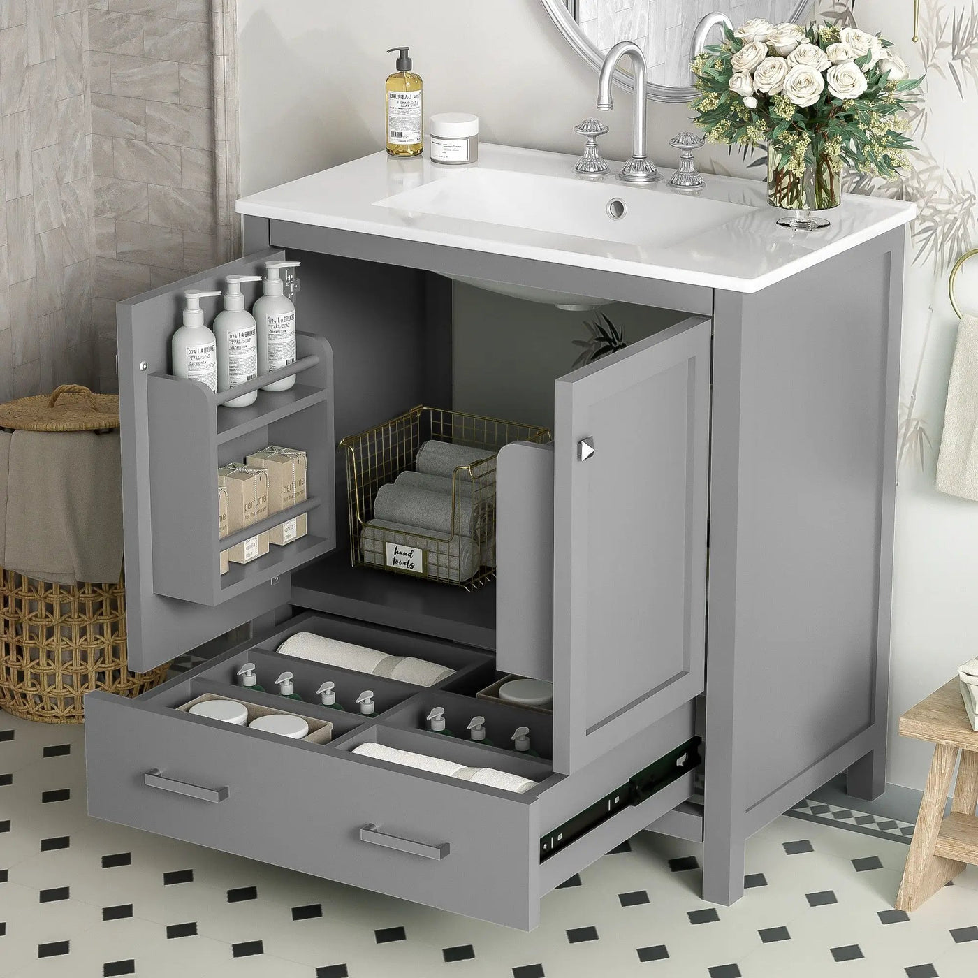 Bathroom Vanity With Single Sink, Combo Cabinet Undermount Sink, Bathroom Storage Cabinet With Two Doors And A Drawer, Soft Closing, Multifunctional Storage, Solid Wood Frame by Unique Piece Furniture