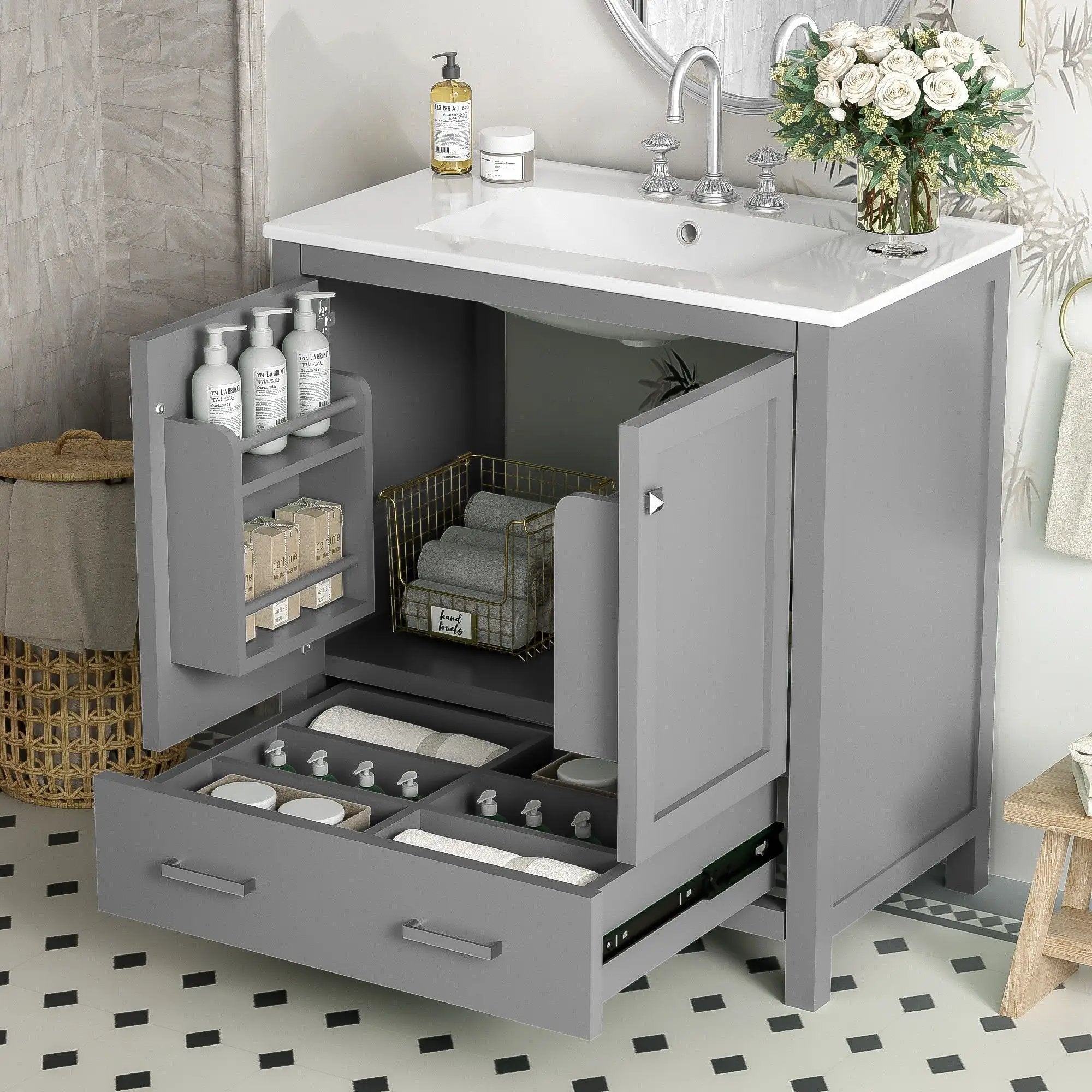 Bathroom Vanity With Single Sink, Combo Cabinet Undermount Sink, Bathroom Storage Cabinet With Two Doors And A Drawer, Soft Closing, Multifunctional Storage, Solid Wood Frame by HouseOfZazla