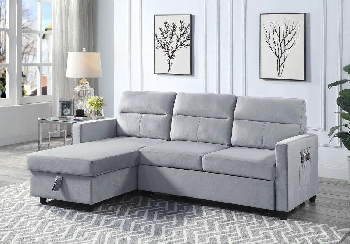 Ruby - Reversible Sleeper Sectional Sofa With Storage Chaise And Side Pocket - Light Gray by Unique Piece Furniture